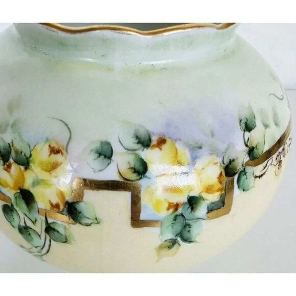Vintage Hand Painted Yellow Flowers Vase Green & Gold‎ Accents 4.5